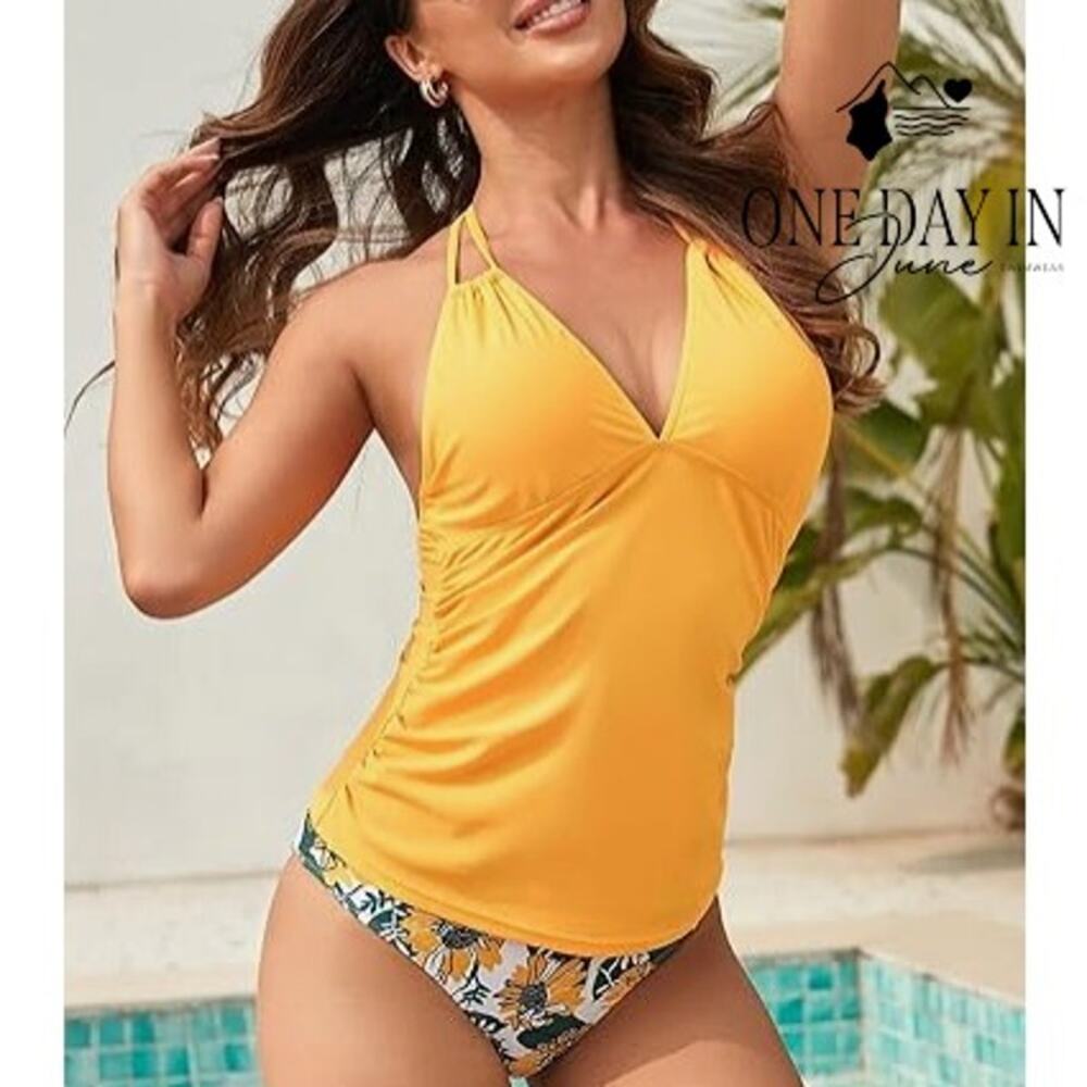 Yonique Halter Floral Tankini Swimsuit Size M